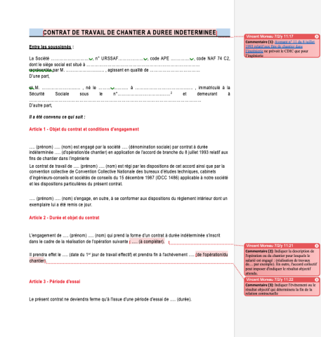 CONTRAT DE TRAVAIL DE CHANTIER A DUREE INDETERMINEE